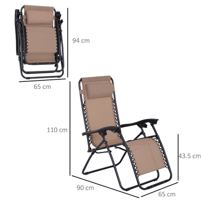 Outsunny Zero Gravity Chair Set of 2, Metal Frame Texteline Armchair Outdoor Folding and Reclining Sun Lounger with Head Pillow for Patio Decking Gardens Camping, Beige 