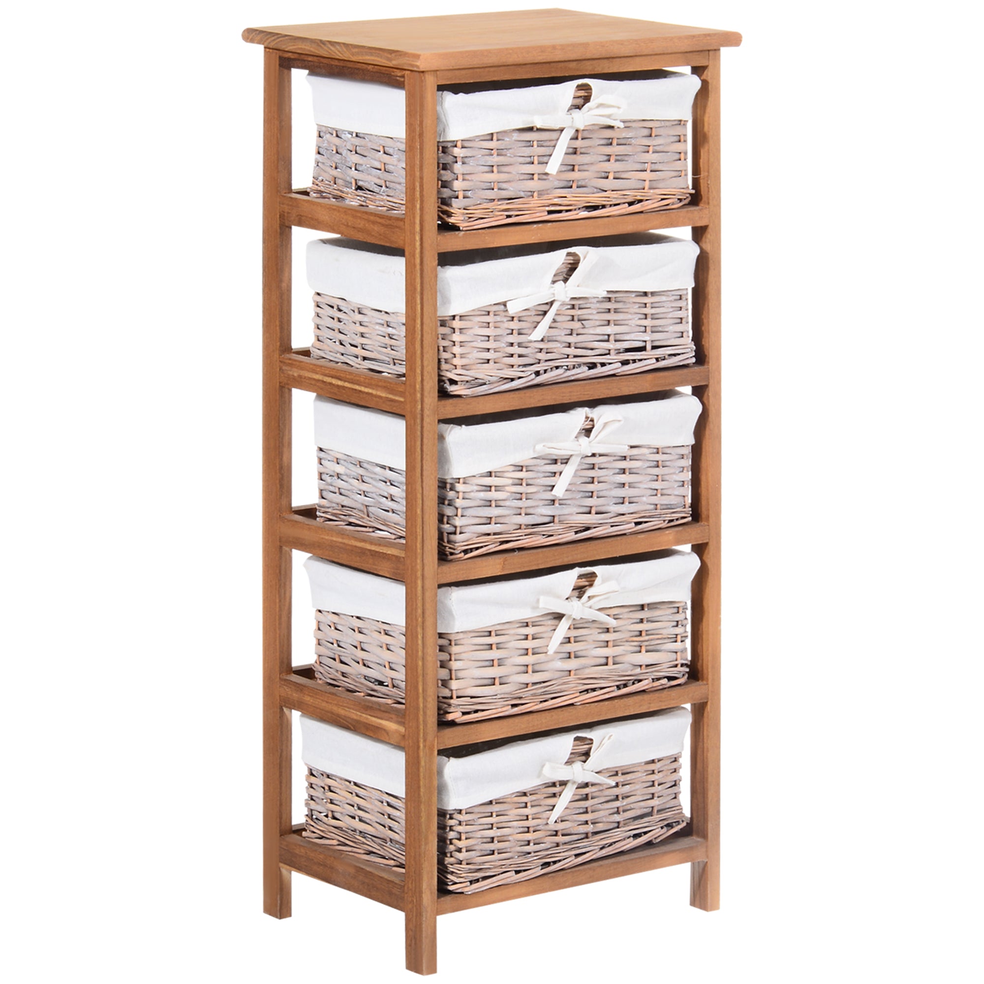 HOMCOM 5 Drawer Dresser Wicker Basket Storage Shelf Unit Wooden Frame Home Organisation Cabinet Bedroom Office Furniture Natural Finish 