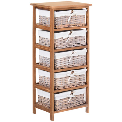 HOMCOM 5 Drawer Dresser Wicker Basket Storage Shelf Unit Wooden Frame Home Organisation Cabinet Bedroom Office Furniture Natural Finish 