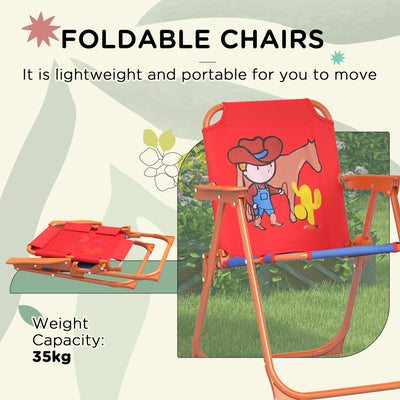 Outsunny Kids Picnic Table and Chair Set, Cowboy Themed Outdoor Garden Furniture w/ Foldable Chairs, Adjustable Parasol 