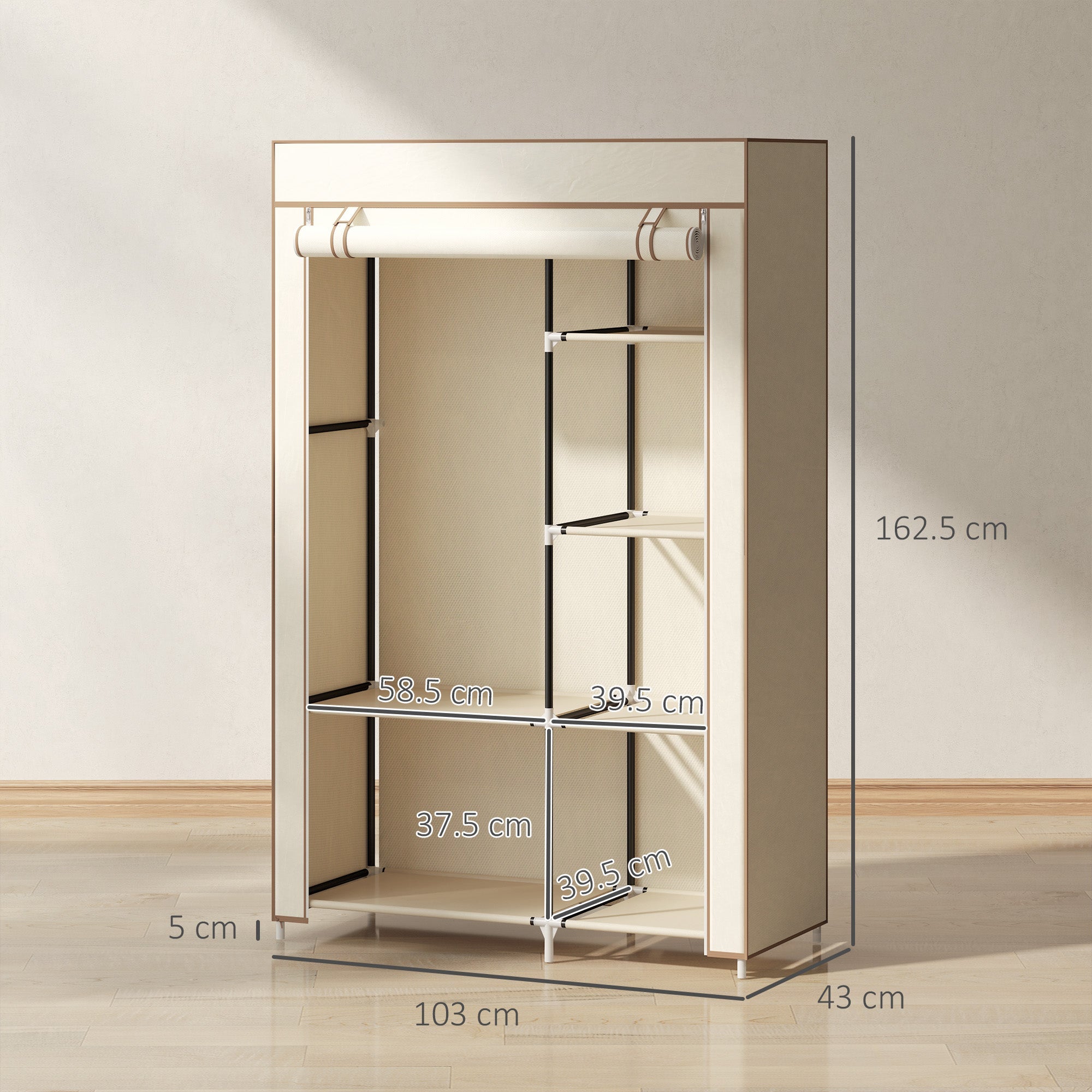 HOMCOM Fabric Wardrobe, Portable Wardrobe with 6 Shelves, 1 Hanging Rail, Foldable Closets, 103 x 43 x 162.5 cm, Cream White 