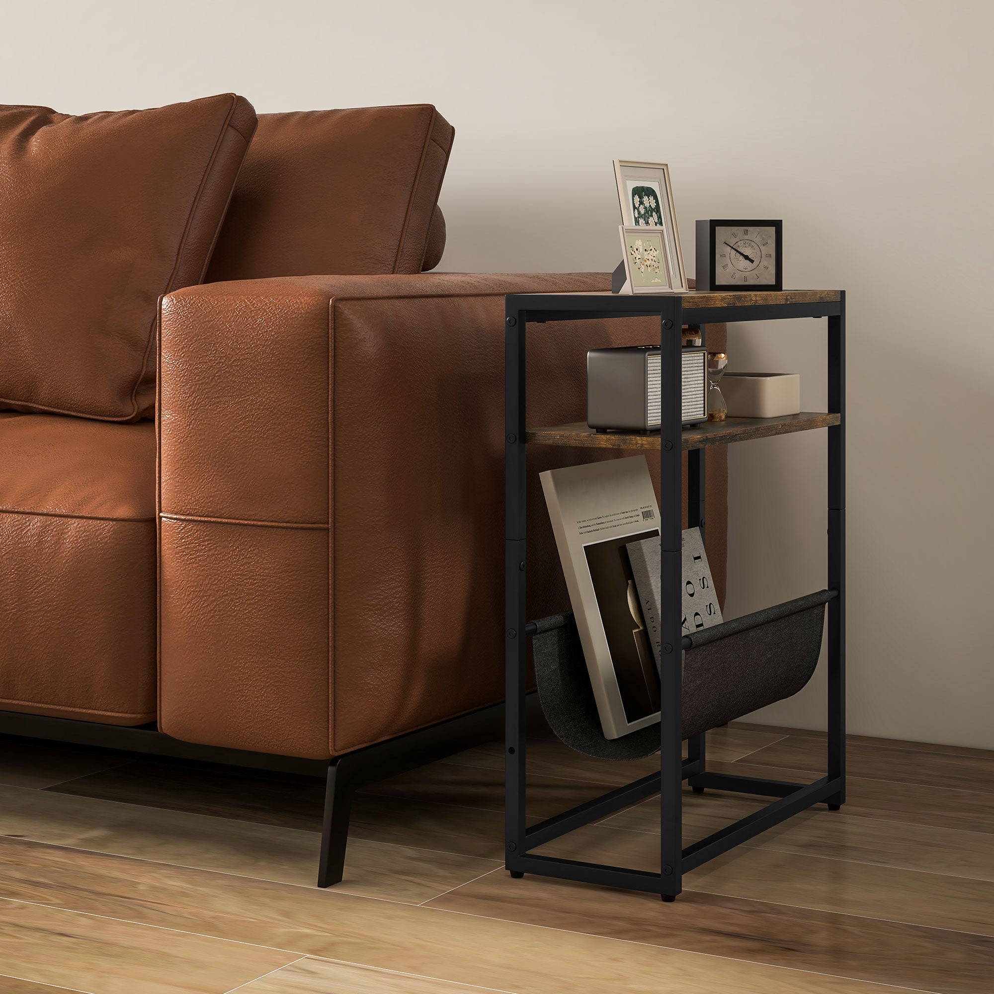 HOMCOM Narrow Side Table, End Table with 3-Tier Storage, V-Shaped Magazine Holder for Living Room, Bedroom, 43 x 18 x 56 cm, Ru 