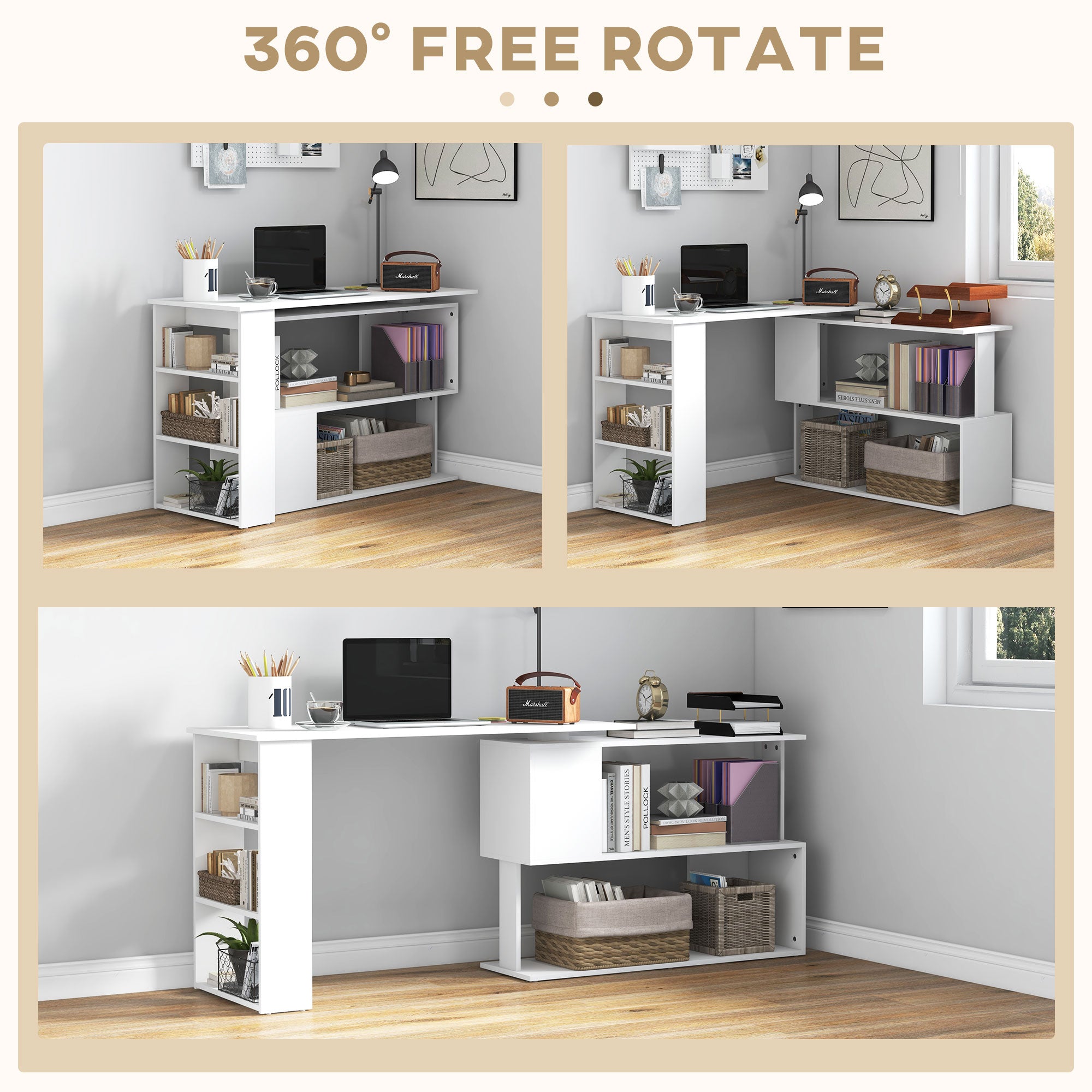 HOMCOM Corner Computer Desk, L Shaped Desk with 360° Rotating Bookshelf, 120L x 110W x 74.5H cm, White 