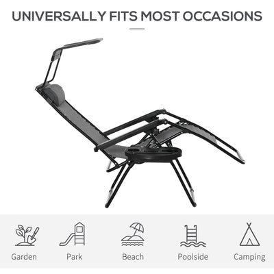 Outsunny 2 Piece Foldable Reclining Garden Chair with Headrest, Zero Gravity Deck Sun Lounger Seat Chair with Footrest, Armrest, Cup Holder & Canopy Shade, Light Grey 