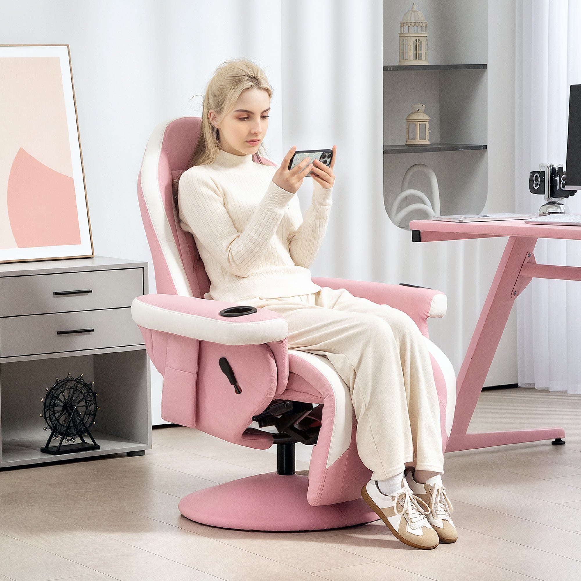 HOMCOM Manual Recliner Armchair PU Leather Lounge Chair w Adjustable Leg Rest, 135\'c2\'b0 Reclining Function, 360\'c2\'b0 Swivel, Pink