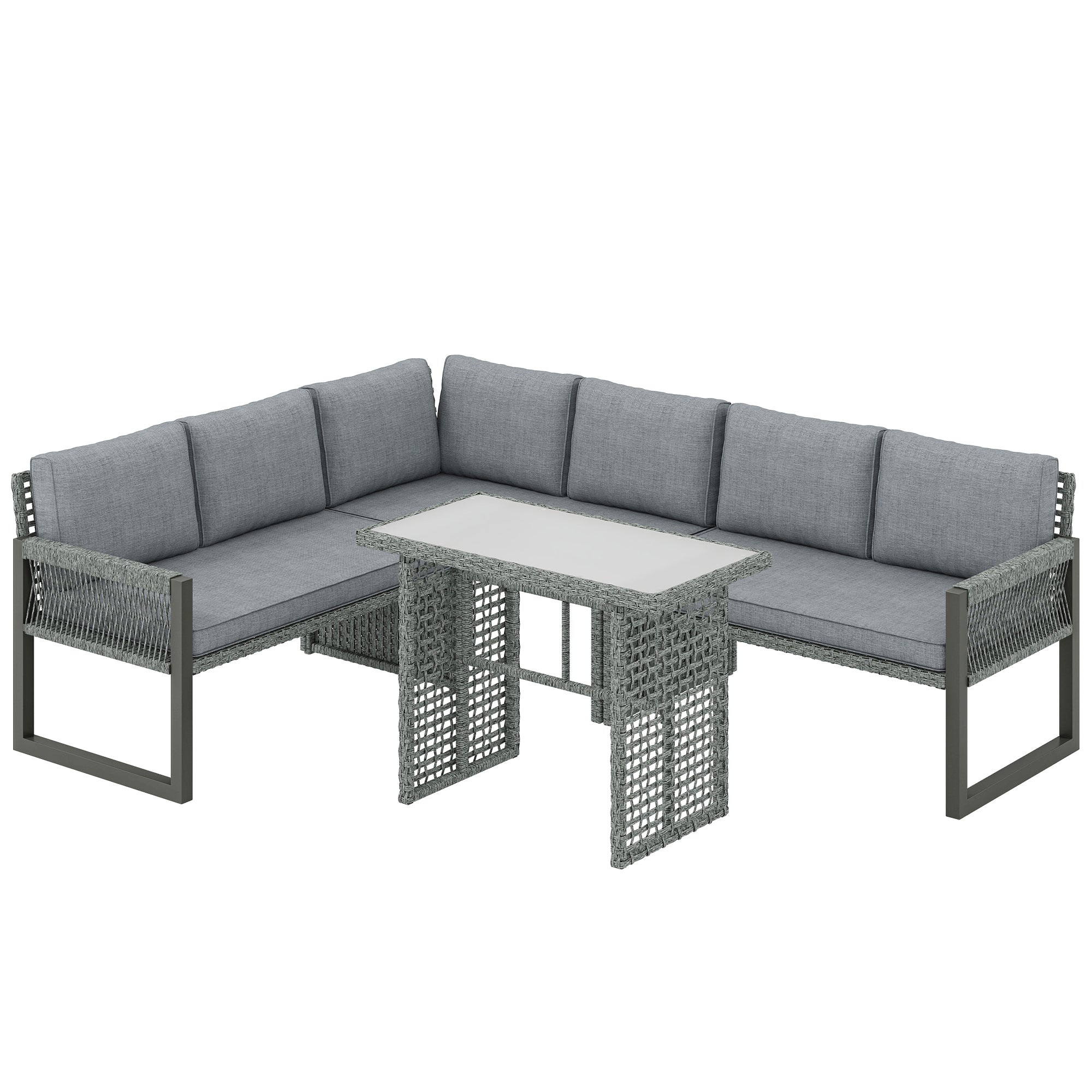 Outsunny 6 Seater Rattan Garden Furniture Set with 3 Loveseats, Table, Patio Rattan Furniture Corner Sofa Set, Grey 