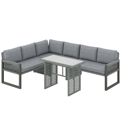 Outsunny 6 Seater Rattan Garden Furniture Set with 3 Loveseats, Table, Patio Rattan Furniture Corner Sofa Set, Grey 