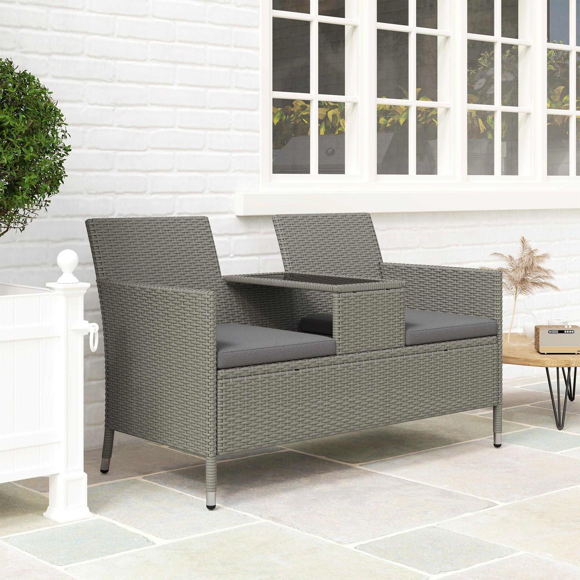 Outsunny 2-Seater PE Rattan Outdoor Garden Bench w/ Centre Table Grey 