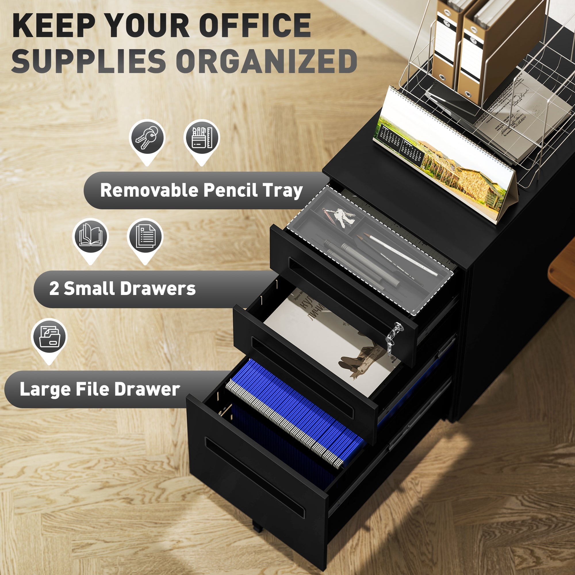 Vinsetto Metal Mobile File Cabinet with Wheels, Lockable 3 Drawer Filing Cabinet for A4, Legal, Letter, Compact Under Desk Storage Unit with Pre-Assembled Body for Home Office, 30 x 43.5 x 60cm, Black 