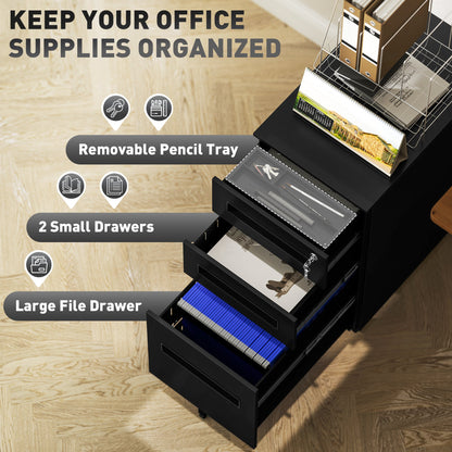 Vinsetto Metal Mobile File Cabinet with Wheels, Lockable 3 Drawer Filing Cabinet for A4, Legal, Letter, Compact Under Desk Storage Unit with Pre-Assembled Body for Home Office, 30 x 43.5 x 60cm, Black 