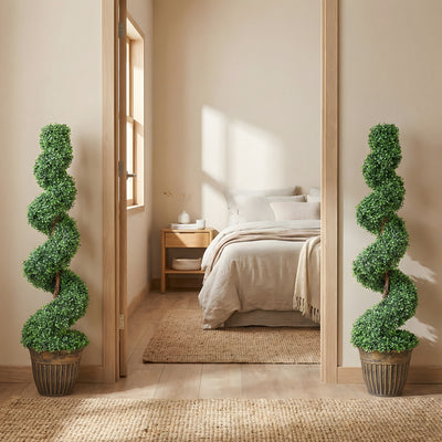 HOMCOM Set of 2 Artificial Plants, Topiary Spiral Boxwood Trees with Pot, for Home Indoor Outdoor Decor, 120cm 
