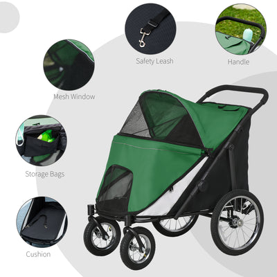 PawHut Foldable Pet Stroller, with Washable Cushion, Storage Bags, Safety Leash, for Medium, Large Dogs, Cats - Green 