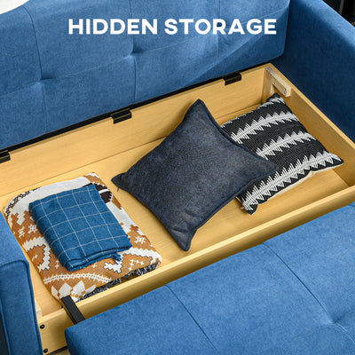 HOMCOM 2 Seater Sofa Bed, Convertible Bed Settee, Modern Fabric Loveseat Sofa Couch with 2 Cushions, Hidden Storage for Living Room, Guest Room, Deep Blue 