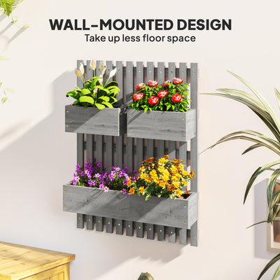 Outsunny Wall-mounted Wooden Garden Planters with Trellis, Drainage Holes and 3 Planter Boxes for Patio, Grey 
