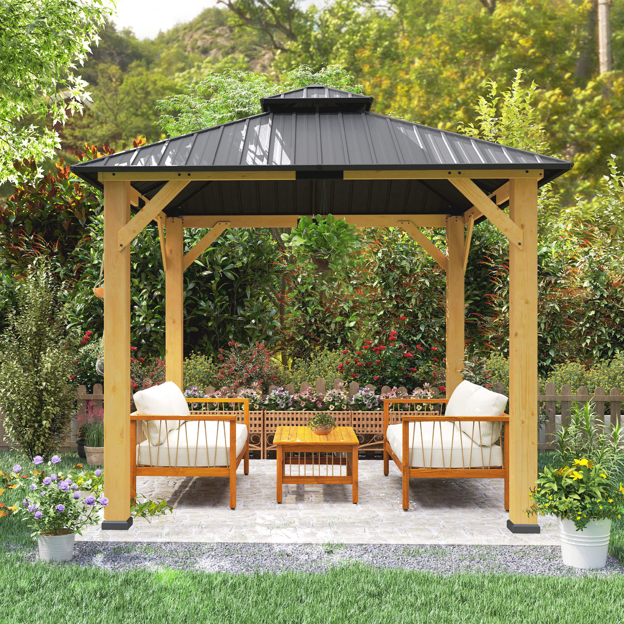 Outsunny 3x(3)M Outdoor Hardtop Gazebo Canopy with 2-Tier Roof and Solid Wood Frame, Outdoor Patio Shelter for Patio, Garden, Grey 