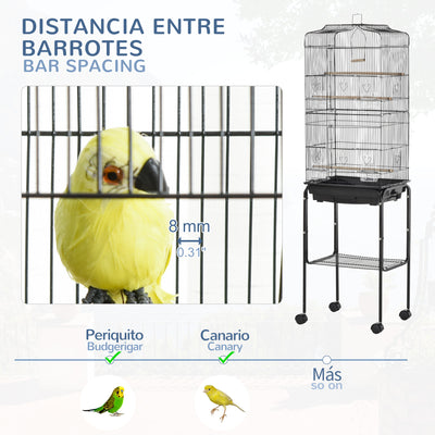 PawHut Bird Cage Budgie Cages for Finch Canary Parakeet with Stand Wheels Slide-out Tray Accessories Storage Shelf, Black 46.5 x 36 x 157 cm 