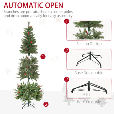 HOMCOM 6ft Pencil Artificial Christmas Tree with Realistic Branches, Red Berries, Auto Open, Green 