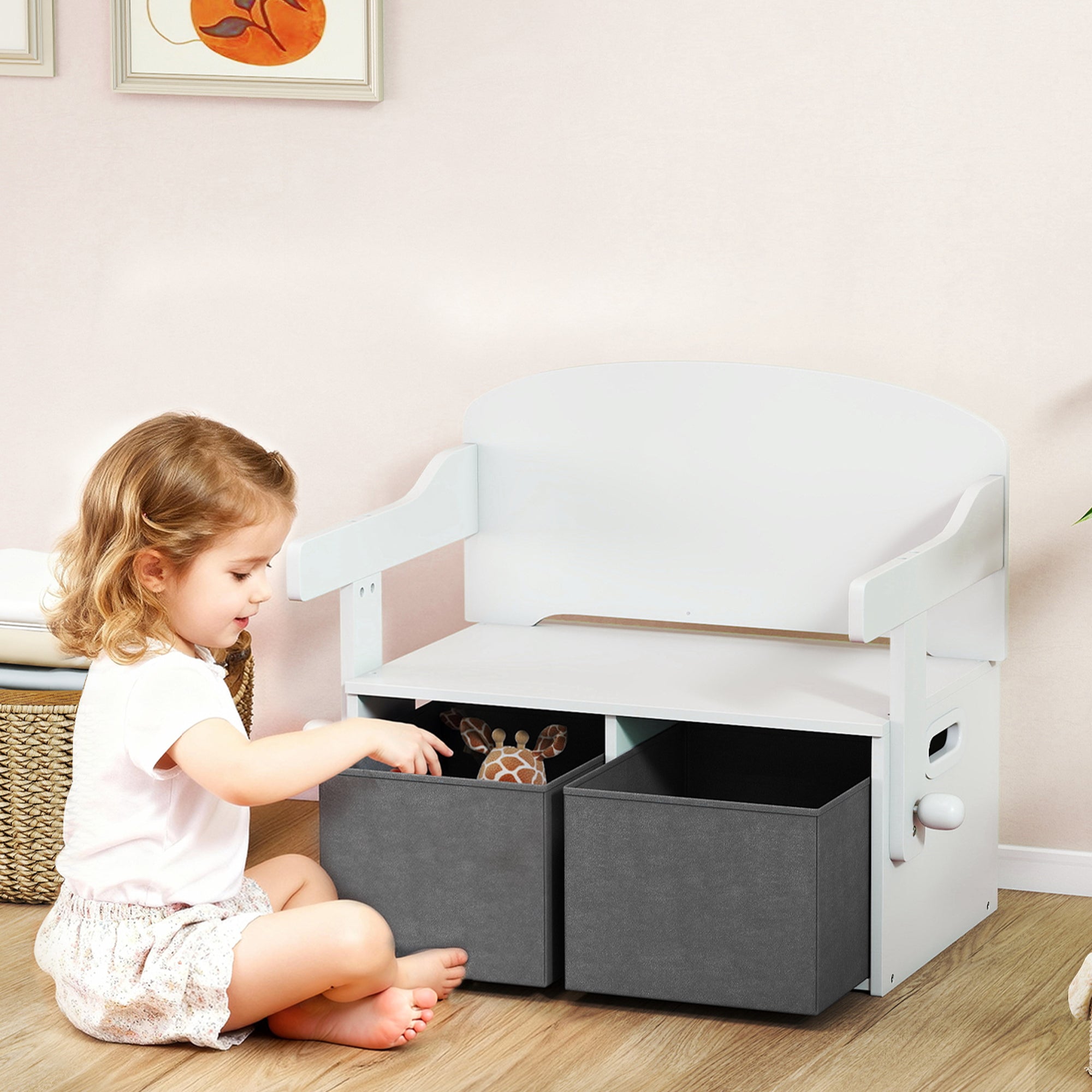 AIYAPLAY 3 in 1 Kids Storage Bench, Convertible Children Table and Chair Set with 2 Fabric Bins, Toy Storage Box, White 