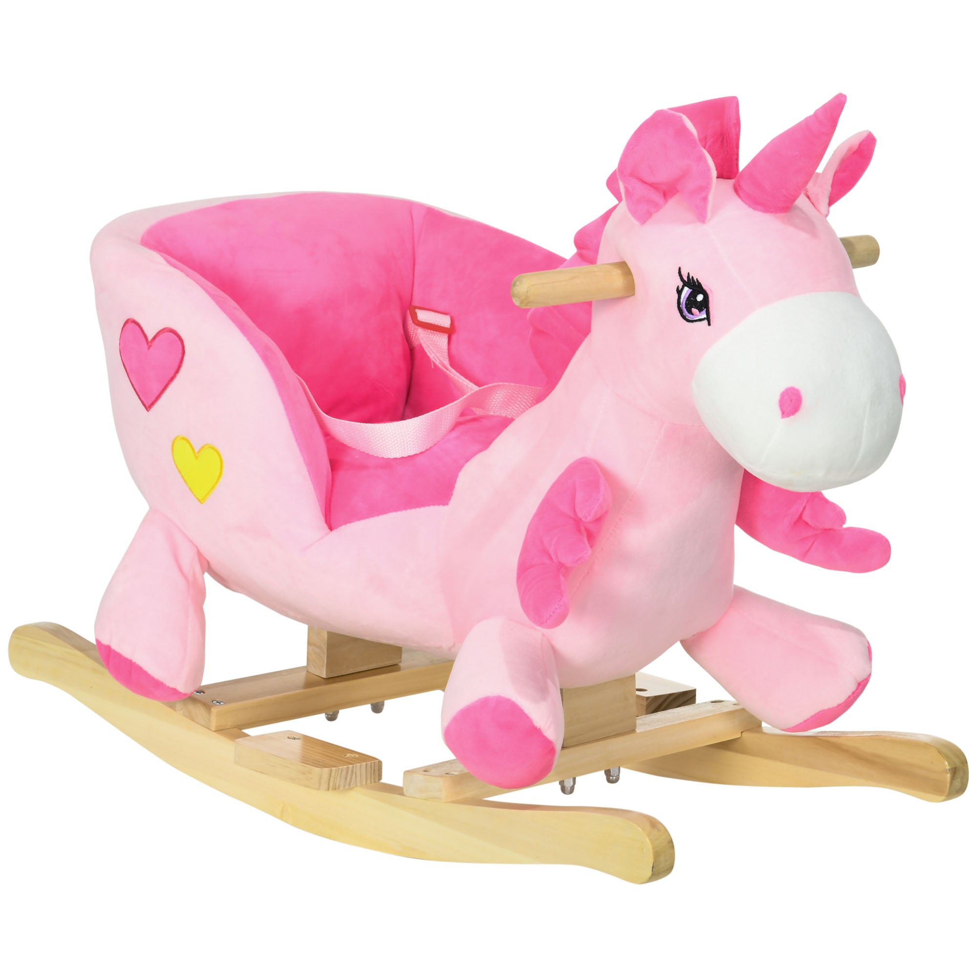 HOMCOM Kids Rocking Horse Ride on Unicorn with Songs, Wooden Base, Seatbelt, for Ages 18-36 Months, Pink 