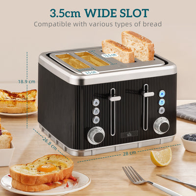 HOMCOM Electric Stainless Steel Kettle and Toaster Set, 3000W 1.7L UK Strix Thermostat Fast Boil Kettle w/ Limescale Filter, Cool Touch Body, 4 Slice Toaster with 7 Browning Levels, Crumb Tray, Black 