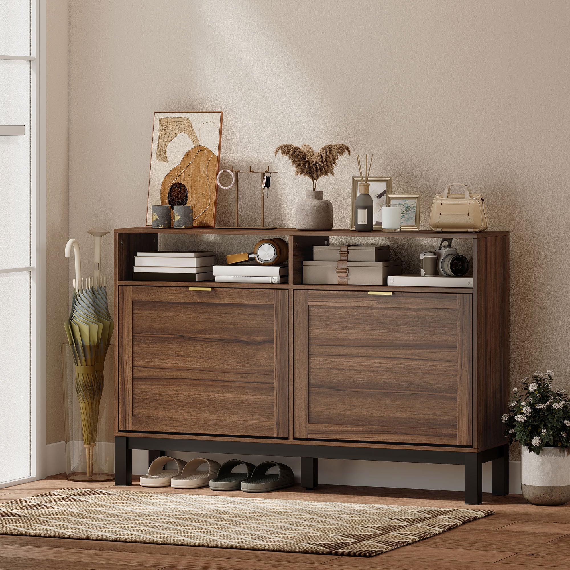 HOMCOM Shoe Cabinet with 2 Flip Drawers, Narrow Shoe Storage Top for Entryway Hallway, Rustic Brown 