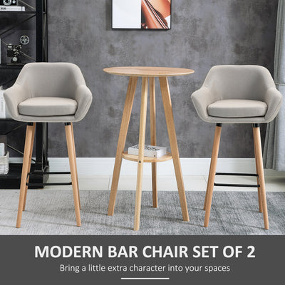 HOMCOM Set of 2 Bar Stools Modern Upholstered Seat Bar Chairs w/ Metal Frame, Solid Wood Legs Living Room Dining Room Fabric Furniture - Beige 