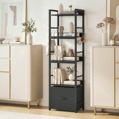 HOMCOM 4-Tier Bookshelf, Narrow Bookcase with Drawer, 8 Hooks, Metal Frame, Black 