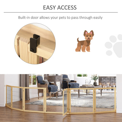 PawHut Wooden Pet Gate, Freestanding Dog Safety Barrier with Two Support Feet - Natural Tone 