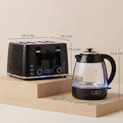 HOMCOM Kettle and Toaster Set, 1.7L 3000W Rapid Kettle with Strix Thermostat, 4 Slice Toaster with 7 Browning Controls, Black 