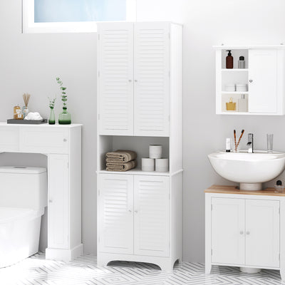 HOMCOM Tall Freestanding Bathroom Cabinet Retro Shutters w/ 3 Compartments Shelves Elevated Base Narrow Organiser White 60L x 30W x 182.5H cm 