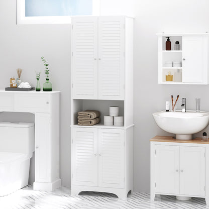 HOMCOM Tall Freestanding Bathroom Cabinet Retro Shutters w/ 3 Compartments Shelves Elevated Base Narrow Organiser White 60L x 30W x 182.5H cm 