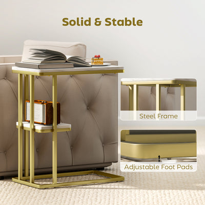 HOMCOM C-Shaped Narrow Side Table, 2-Tier Slim End Table, Nightstand for Small Spaces, Living Room, Bedroom, White Marble Grain 