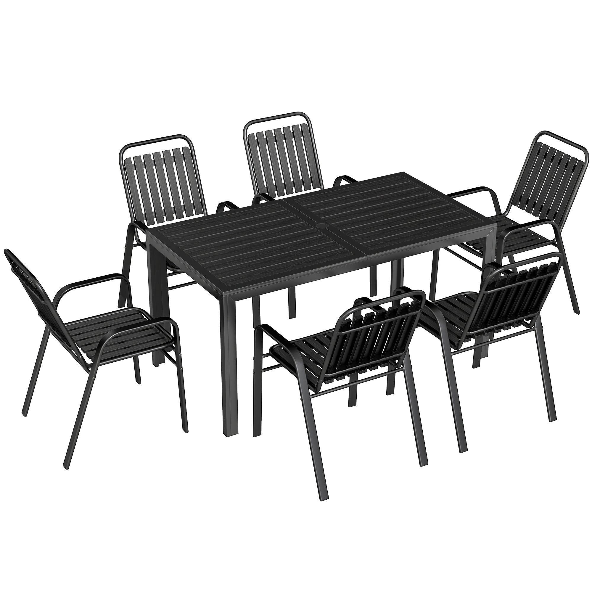 Outsunny 7 Pieces Outdoor Dining Set with Umbrella Hole, Garden Table and Chairs Set for 6 with Metal Table and Stackable Chairs 