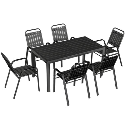 Outsunny 7 Pieces Outdoor Dining Set with Umbrella Hole, Garden Table and Chairs Set for 6 with Metal Table and Stackable Chairs 