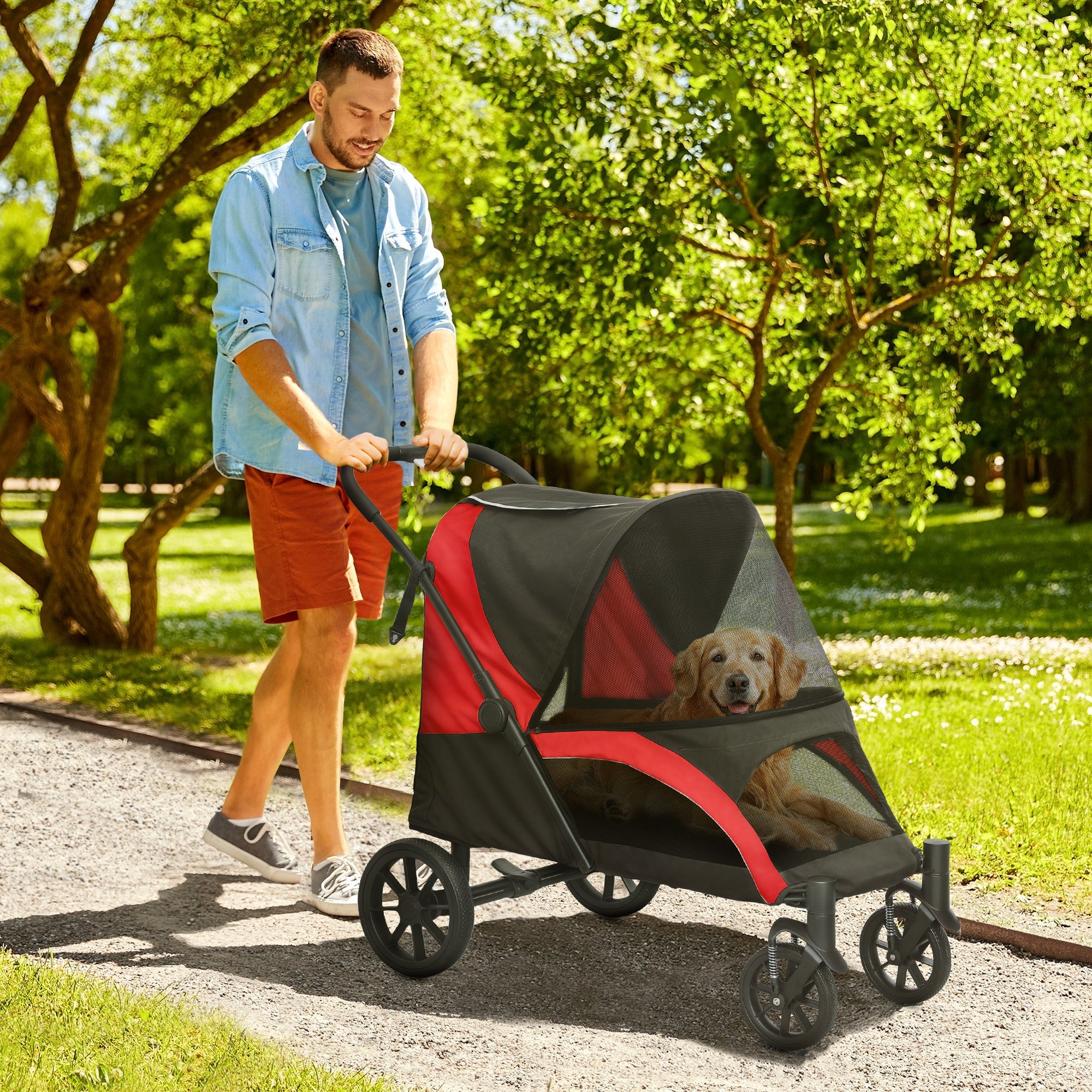 PawHut Easy Folding Pet Stroller for Large Dogs with 4 Big Wheels, Shock Absorb Frame, Safety Leashes, Brakes, Black 