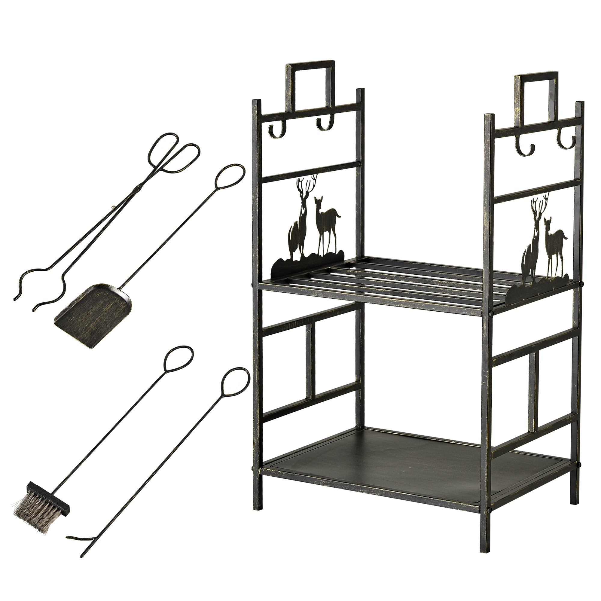 Outsunny Metal Firewood Log Holder 2 Tier Firewood Rack Indoor Outdoor Fireplace Wood Storage Shelf with 4 Tools, Hooks, Elk Shape Design, Black Gold Tone, 51.5W x 33D x 77H cm 