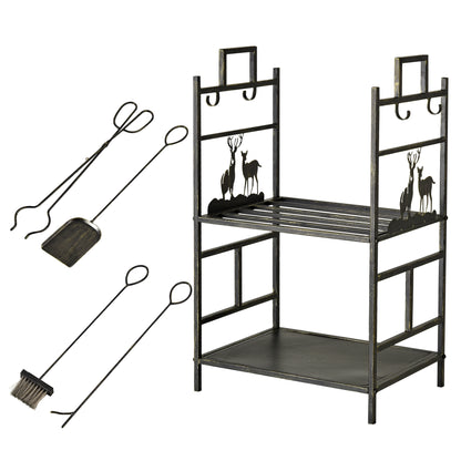 Outsunny Metal Firewood Log Holder 2 Tier Firewood Rack Indoor Outdoor Fireplace Wood Storage Shelf with 4 Tools, Hooks, Elk Shape Design, Black Gold Tone, 51.5W x 33D x 77H cm 