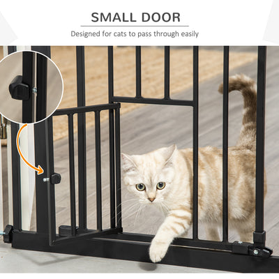 PawHut Extra Tall Pet Gate, Indoor Dog Safety Gate, with Cat Flap, Auto Close, 74-80cm Wide - Black 