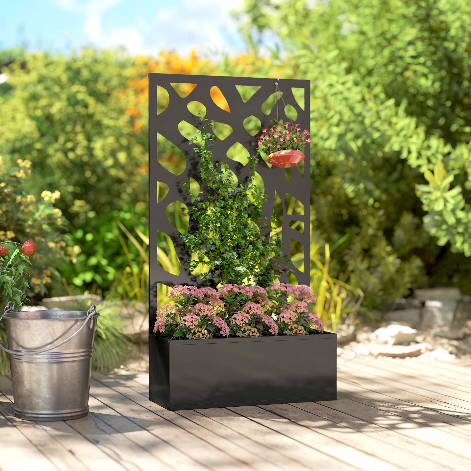Outsunny Metal Raised Garden Bed with Trellis, Outdoor Planter Box with Privacy Screen, Elevated Garden Box for Climbing Plants 