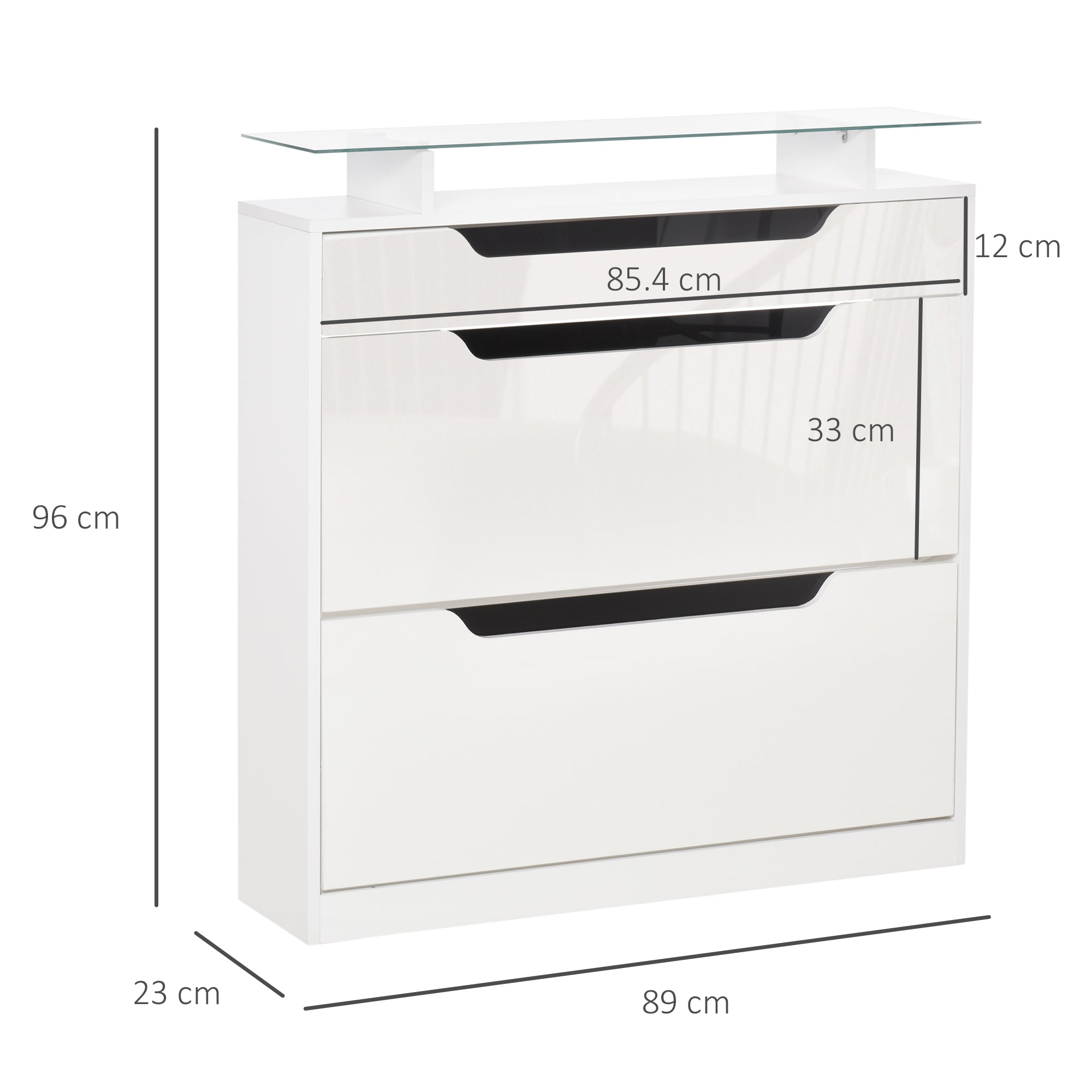 HOMCOM Shoe Storage Cabinet, Shoe Cupboard with Slide Out Drawer, 2 Flip Doors, Tempered Glass Top and Adjustable Shelves for 16 Pairs of Shoes, White 