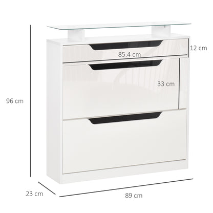 HOMCOM Shoe Storage Cabinet, Shoe Cupboard with Slide Out Drawer, 2 Flip Doors, Tempered Glass Top and Adjustable Shelves for 16 Pairs of Shoes, White 