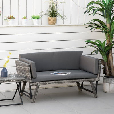 Outsunny 2 Seater Rattan Sofa with Cushions, 2-in-1 PE Rattan Daybed Sofa with Left Up or Down Armrests, Garden Chaise Lounger Loveseat for Outdoor, Patio, Mixed Grey 
