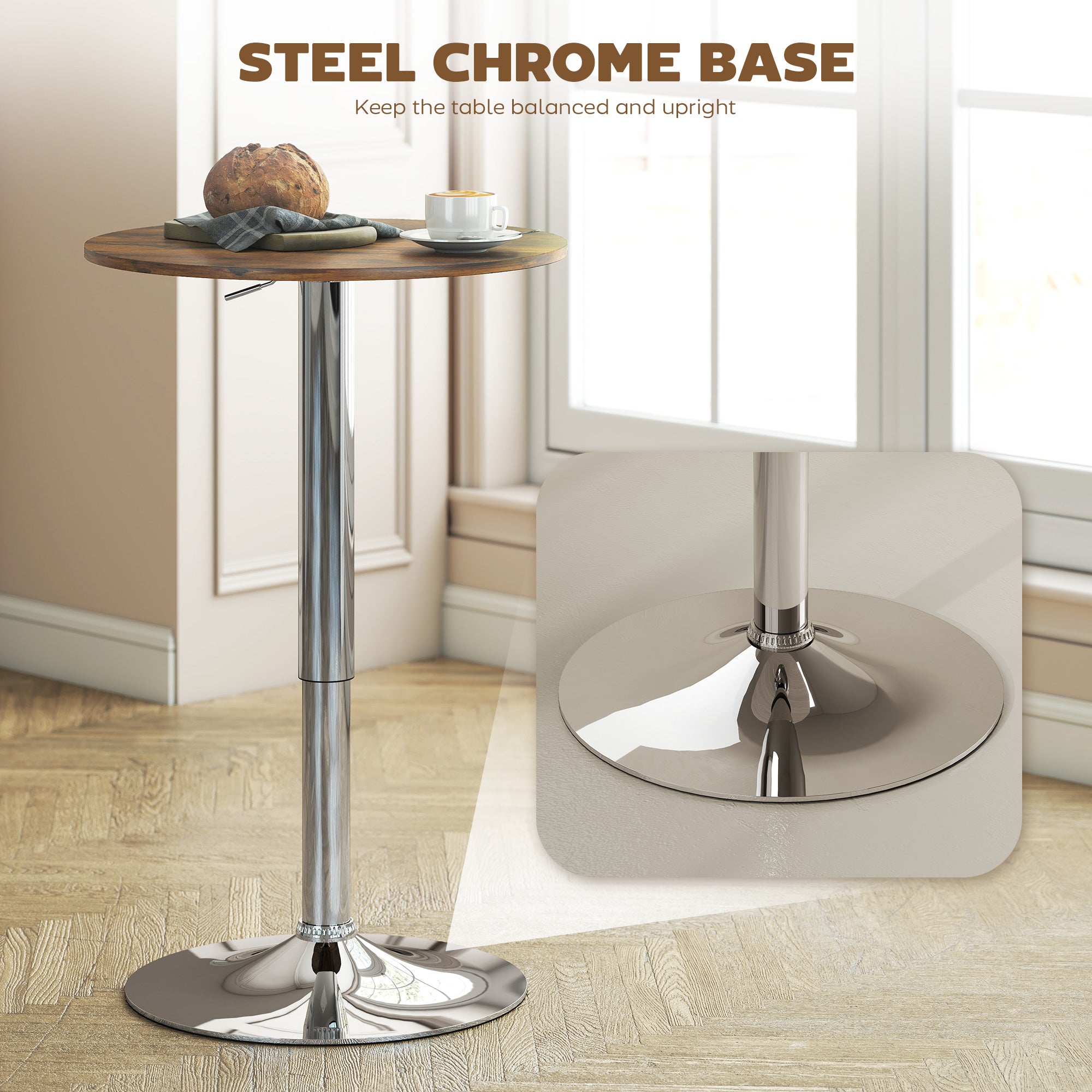 HOMCOM Round Bar Table, 360 Degree Swivel Counter Pub Table with Adjustable Height, for Kitchen, Cafe, Rustic Brown 