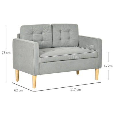 HOMCOM Modern 2 Seater Sofa with Hidden Storage, 117cm Tufted Cotton Couch with Wood Legs, Compact Loveseat for Living Room, Kitchen, Light Grey 