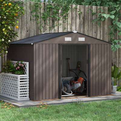 Outsunny 9 x 6ft Metal Garden Shed, Outdoor Storage Tool House with Ventilation Slots, Foundation Kit and Lockable Double Doors, Brown 