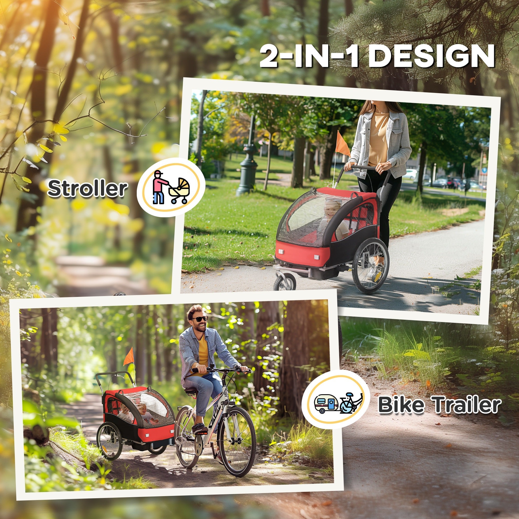HOMCOM 2 Seat Bike Trailer with 5 Point Harness, Baby Bike Stroller with Safety Flag, Reflectors, for 18+ Months, Red 