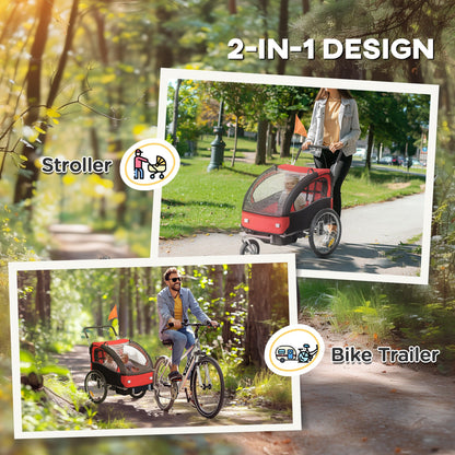 HOMCOM 2 Seat Bike Trailer with 5 Point Harness, Baby Bike Stroller with Safety Flag, Reflectors, for 18+ Months, Red 