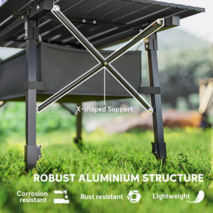 Outsunny Folding Camping Table, 90 x 55 cm Height Adjustable Portable Collapsible Table, 3ft Lightweight Aluminium Rollup Picnic Table with Storage Basket for Outdoor Garden Party BBQ, Black 