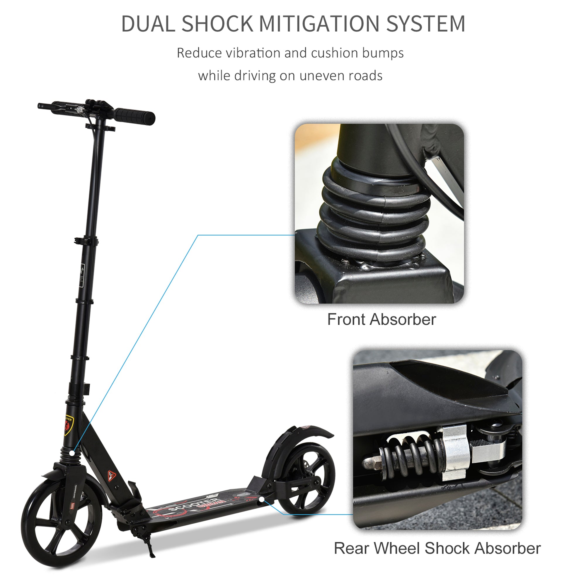HOMCOM Kick Scooter, Folding 2 Wheel Scooter for 14+ Teens Adults, with Dual Brake System, Dual Suspension, 230mm Big Wheels, 3 Adjustable Handlebar, up to 100KG, Black 