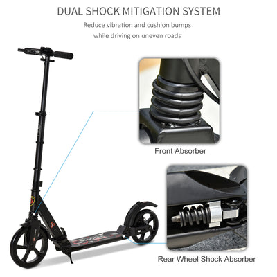 HOMCOM Kick Scooter, Folding 2 Wheel Scooter for 14+ Teens Adults, with Dual Brake System, Dual Suspension, 230mm Big Wheels, 3 Adjustable Handlebar, up to 100KG, Black 